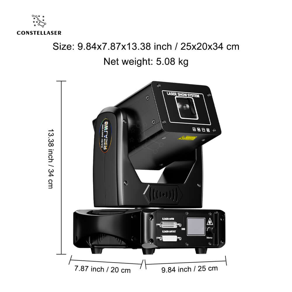 SHEHDS Constellaser 6W Moving Head Laser Stage Lighting - size & weight